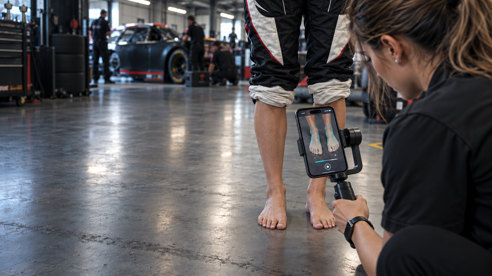 A clinician scanning a race driver's feet with an iPhone 14 Pro Max mounted on a gimbal in a professional stock-car garage